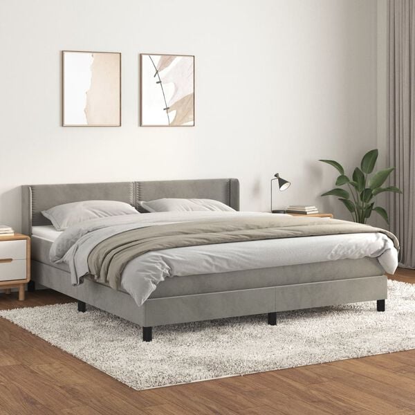 vidaXL Cama com molas/colch&atilde;o 160x200 cm veludo cinzento-claro