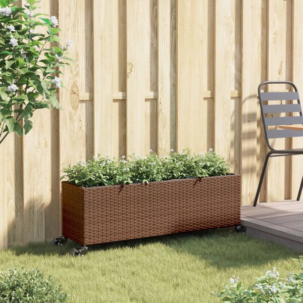 vidaXL Canteiro jardim c/ rodas e 3 vasos 107x32x38cm vime PE castanho