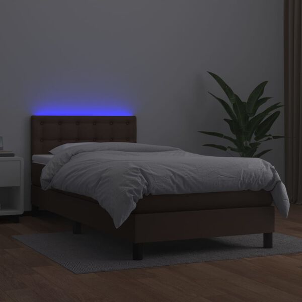 vidaXL Cama box spring c/ colch&atilde;o/LED 90x190 cm couro artif. castanho