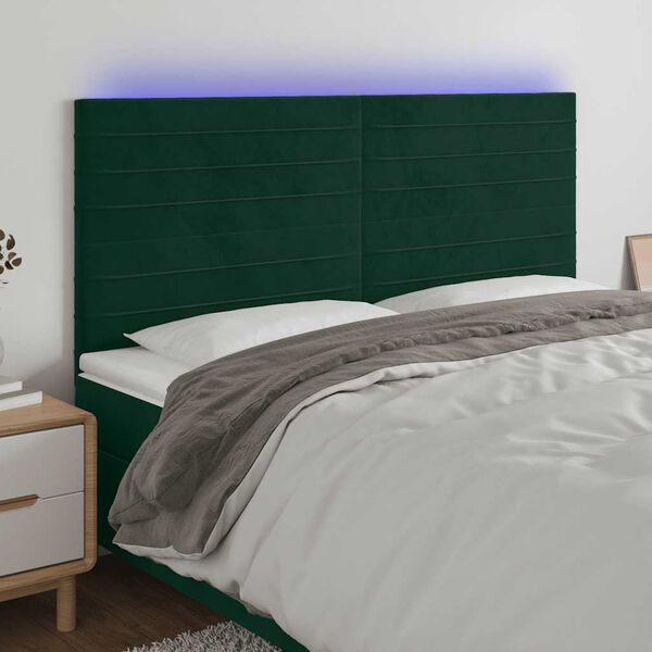 vidaXL Cabeceira de cama c/ LED veludo 160x5x118/128 cm verde-escuro
