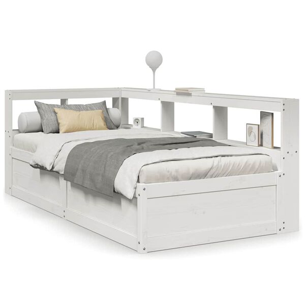 vidaXL Cama com estante sem colch&atilde;o 75x190 cm pinho maci&ccedil;o branco