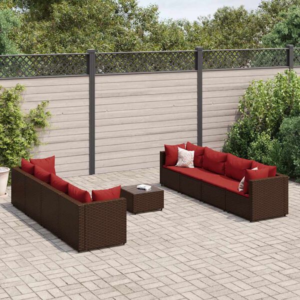 vidaXL 9 pcs conjunto lounge jardim c/ almofad&otilde;es vime PE castanho