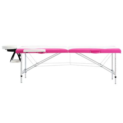 vidaXL Mesa de massagem dobrável 2 zonas alumínio branco e rosa