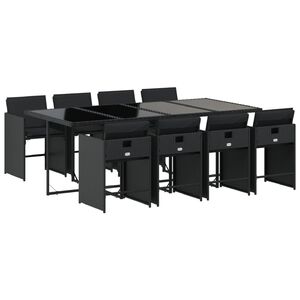 vidaXL 9 pcs conjunto de jantar p/ jardim c/ almofad&otilde;es vime PE preto