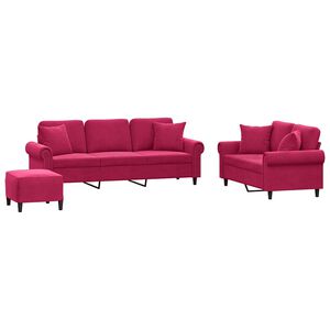 vidaXL 3 pcs conjunto de sof&aacute;s com almofadas veludo vermelho-tinto