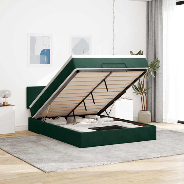 vidaXL Estrutura de cama otomana com colch&atilde;o 140x200 cm verde escuro