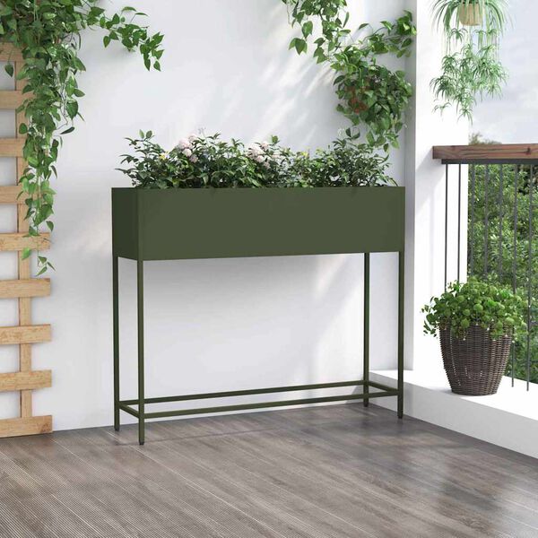 vidaXL Vaso Elevado para Jardim Verde-oliva 100 x 26 x 82 cm A&ccedil;o