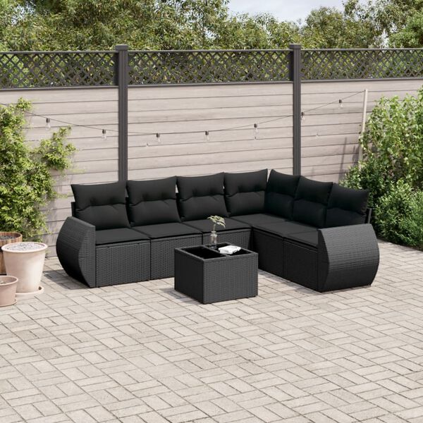 vidaXL 7 pcs conjunto de sof&aacute;s p/ jardim c/ almofad&otilde;es vime PE preto