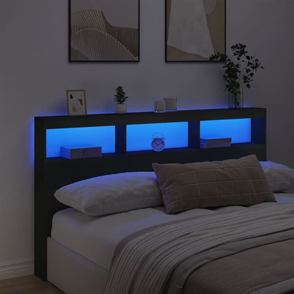 vidaXL Armário de cabeceira com luzes LED 180x17x102 cm preto