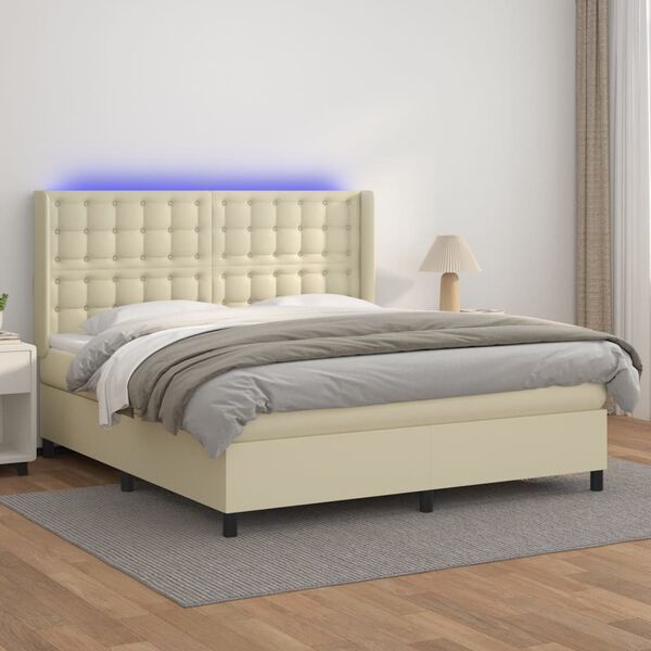 vidaXL Cama box spring c/ colch&atilde;o/LED 180x200cm couro artificial creme