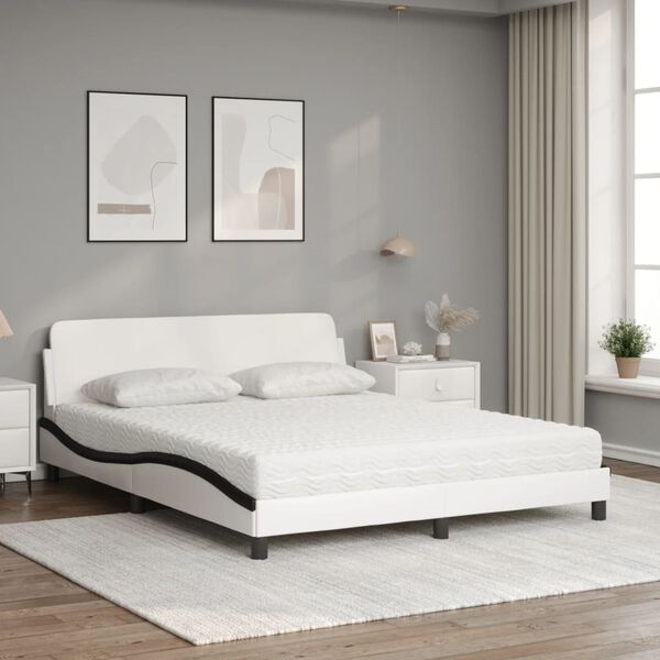 vidaXL Cama com colch&atilde;o Dover 160x200 cm couro artificial preto e branco