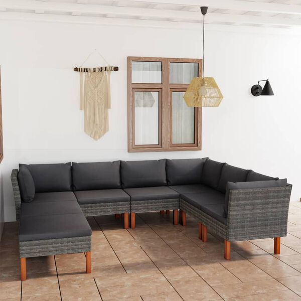 vidaXL 8 pcs conjunto lounge de jardim c/ almofad&otilde;es vime PE cinzento