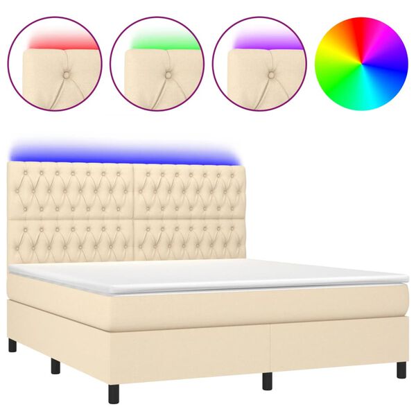 vidaXL Cama box spring c/ colch&atilde;o e LED 180x200 cm tecido cor creme