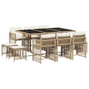 vidaXL 11 pcs conjunto de jantar p/ jardim com almofad&otilde;es vime PE bege