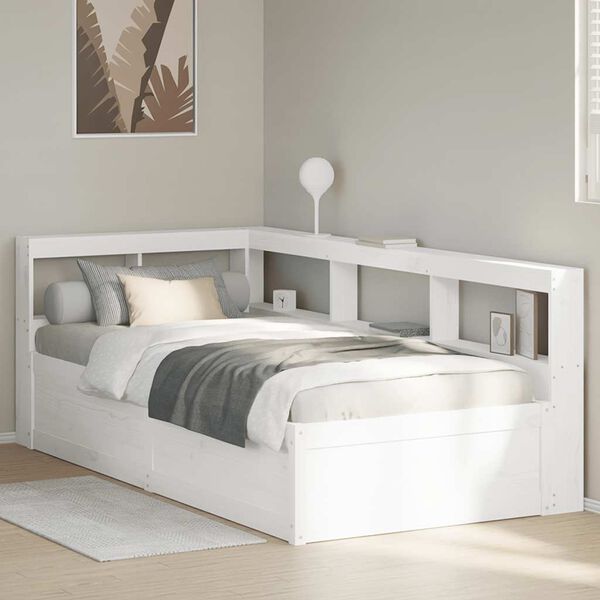 vidaXL Cama com estante sem colch&atilde;o 75x190 cm pinho maci&ccedil;o branco