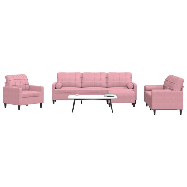 vidaXL 4 pcs conjunto de sofás com almofadões e rolos veludo rosa