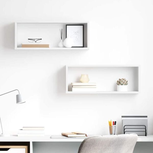 vidaXL Prateleiras parede c&uacute;bicas 2 pcs deriv. madeira branco brilh.