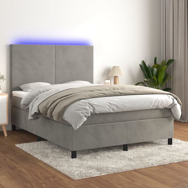 vidaXL Cama box spring c/ colch&atilde;o/LED 140x190 cm veludo cinzento