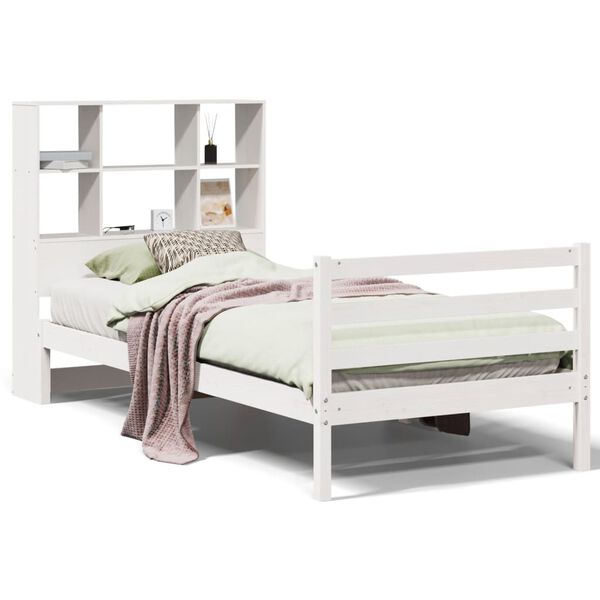 vidaXL Cama com estante sem colch&atilde;o 90x190 cm pinho maci&ccedil;o branco