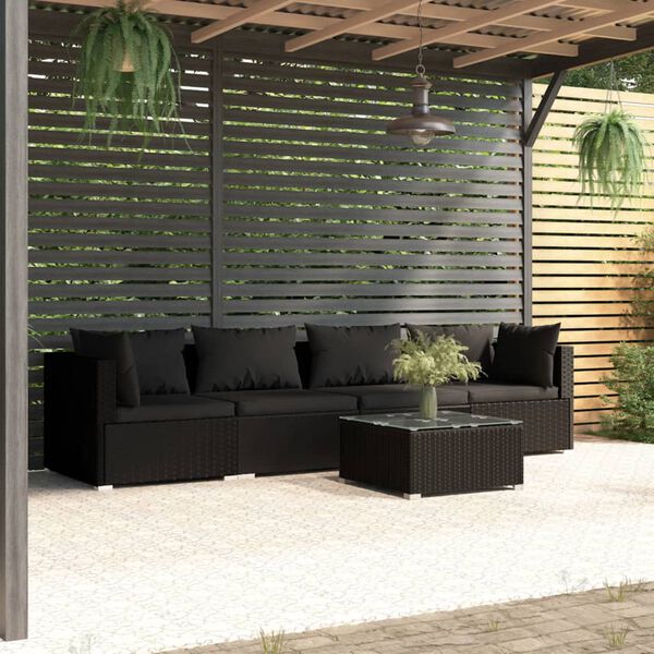 vidaXL 5 pcs conjunto lounge de jardim c/ almofad&otilde;es vime PE preto