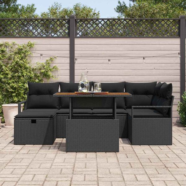 vidaXL Conjunto de Sof&aacute; de Jardim com almofada 7 pcs Preto vime PE