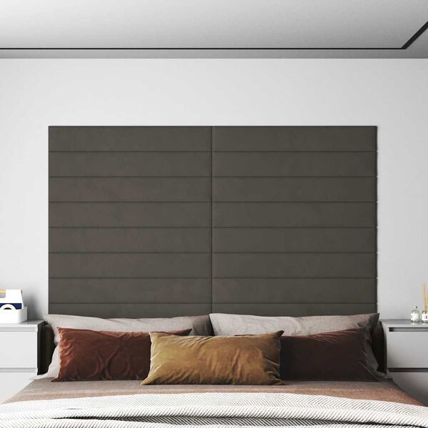 vidaXL Painel de parede 12 pcs 90x15 cm veludo 1,62m&sup2; cor cinza-escuro