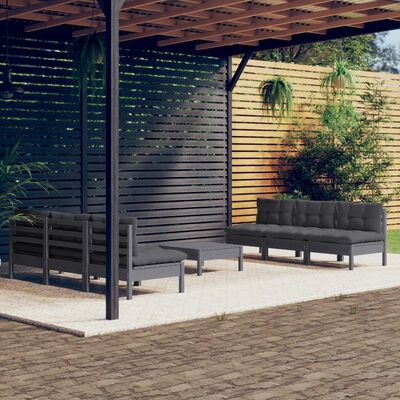 vidaXL 7 pcs conj. lounge de jardim com almofadões antracite pinho