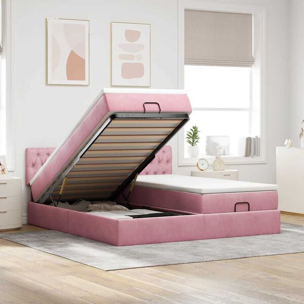 vidaXL Estrutura de cama otomana com colch&otilde;es 160x200 cm veludo rosa