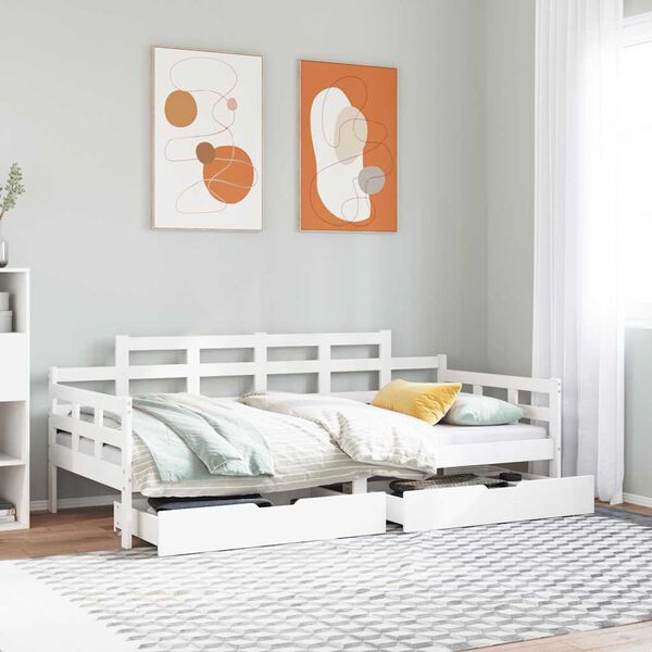 vidaXL Sof&aacute;-cama c/ gavetas 90x190 cm madeira de pinho maci&ccedil;a branco