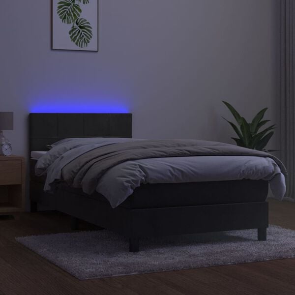 vidaXL Cama box spring c/ colch&atilde;o/LED 90x200 cm veludo cinzento-escuro