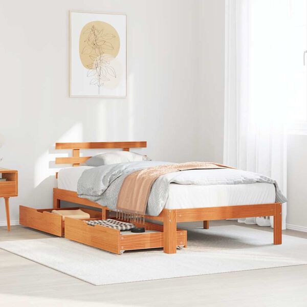 vidaXL Estrutura de cama c/ gavetas 75x190cm pinho maci&ccedil;o castanho-mel