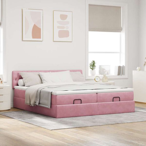 vidaXL Estrutura de cama otomana com colch&otilde;es 160x200 cm veludo rosa