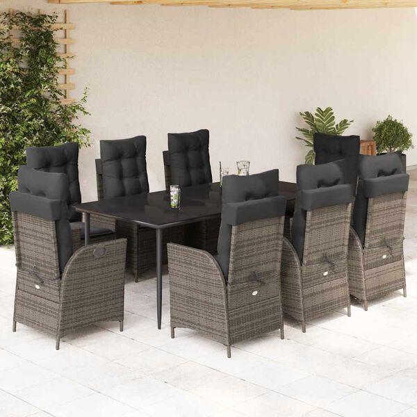 vidaXL 9 pcs conjunto de jantar p/ jardim c/ almofad&otilde;es vime PE cinza