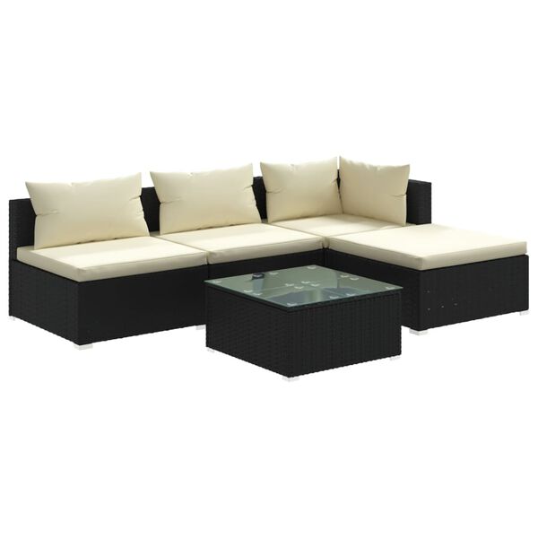 vidaXL 5 pcs conjunto lounge de jardim c/ almofad&otilde;es vime PE preto