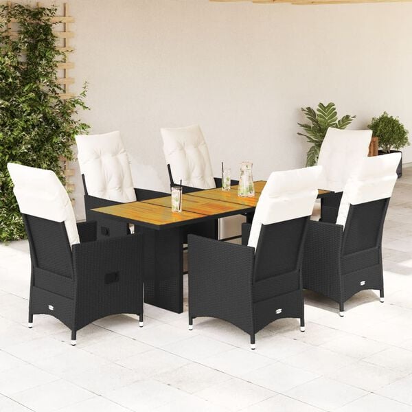 vidaXL 7 pcs conjunto de jantar p/ jardim c/ almofadões vime PE preto
