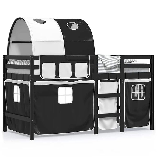 vidaXL Cama alta crian&ccedil;a c/ t&uacute;nel 80x200 cm pinho maci&ccedil;o branco/preto