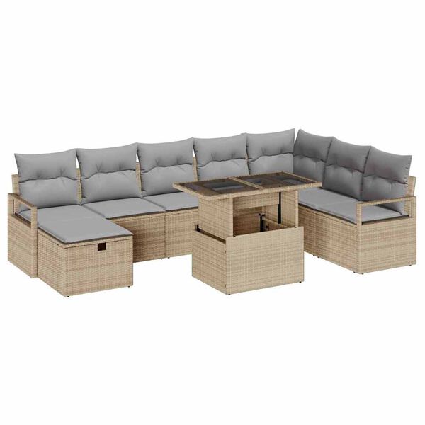 vidaXL Conjunto de Sof&aacute; de Jardim 9 pcs Bege Rattan Sint&eacute;tico