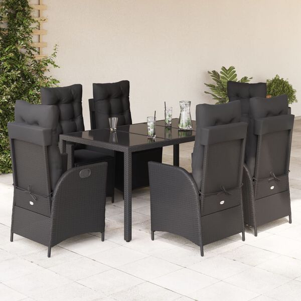 vidaXL 7 pcs conjunto de jantar p/ jardim c/ almofad&otilde;es vime PE preto