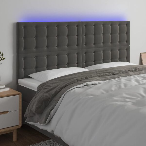 vidaXL Cabeceira de cama c/ LED veludo 180x5x118/128 cm cinza-escuro