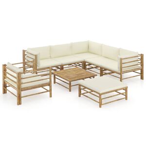 vidaXL 8 pcs conj. lounge p/ jardim em bambu c/ almofadões branco nata