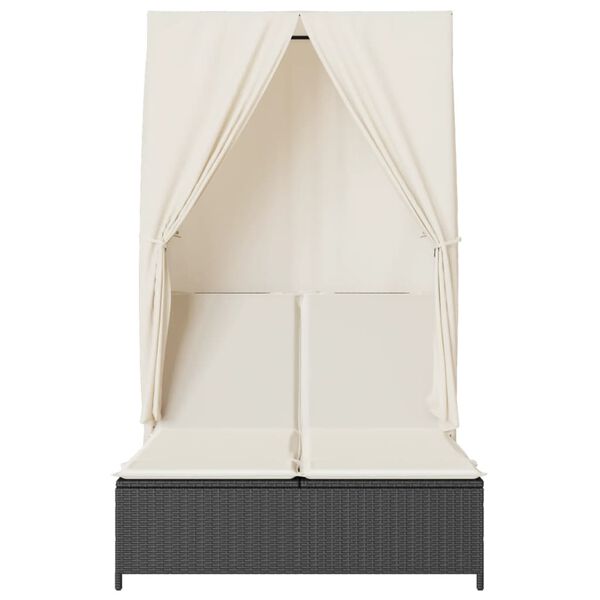 vidaXL Espreguiçadeira dupla com teto e cortinas vime PE preto