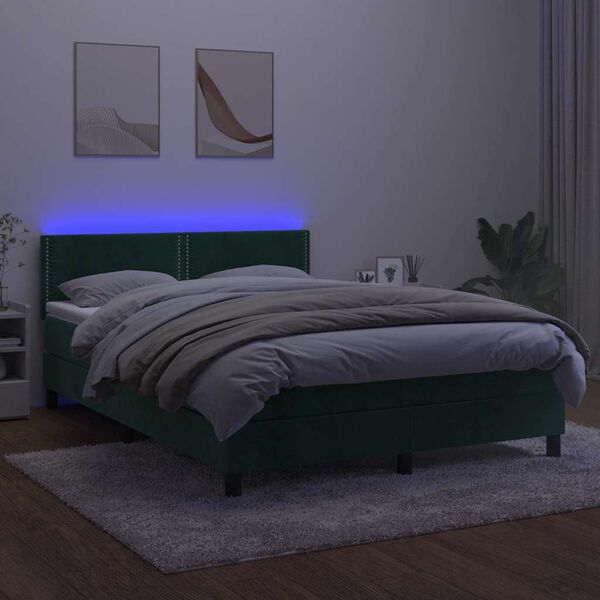 vidaXL Cama box spring c/ colch&atilde;o/LED 140x200 cm veludo verde-escuro