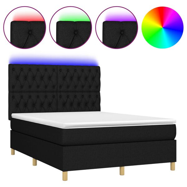 vidaXL Cama box spring c/ colch&atilde;o e LED 140x190 cm tecido preto