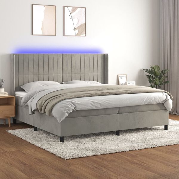 vidaXL Cama box spring c/ colch&atilde;o/LED 200x200 cm veludo cinzento-claro