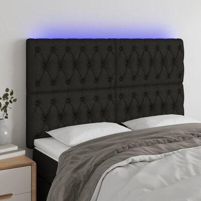 vidaXL Cabeceira de cama c/ luzes LED tecido 144x7x118/128 cm preto