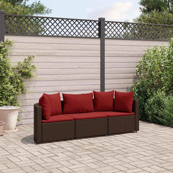 vidaXL 3 pcs conjunto sofás de jardim com almofadões vime PE castanho