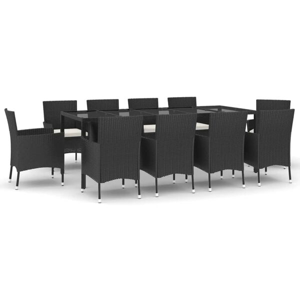 vidaXL 11 pcs conjunto de jantar p/ jardim c/ almofad&otilde;es vime PE preto