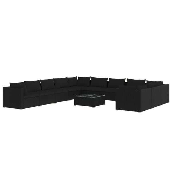 vidaXL 12 pcs conjunto lounge de jardim c/ almofad&otilde;es vime PE preto