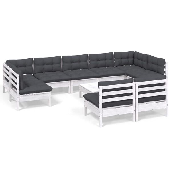 vidaXL 10 pcs conj. lounge de jardim c/ almofadões pinho maciço branco