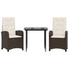 vidaXL 3 pcs conjunto jantar p/ jardim c/ almofad&otilde;es vime PE castanho